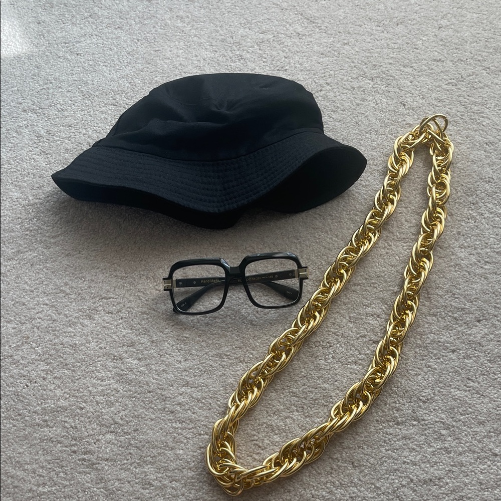 Black Bucket Hat with Gold Chain and Glasses Rapper Costume Halloween